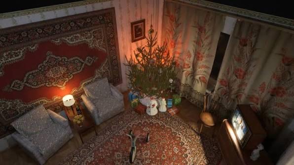 The supplied photograph of a Soviet apartment, viewed from above, with two armchairs, carpets, curtains, a tree and television.